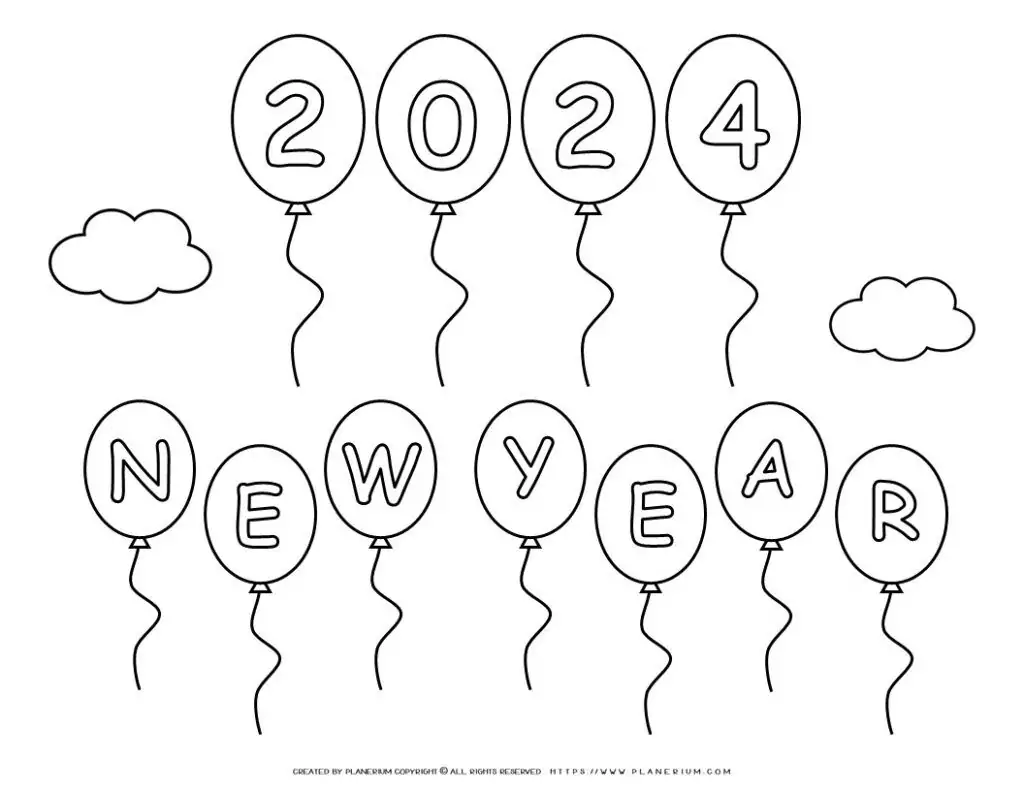 2024 New Year Balloons Coloring Page - Planerium