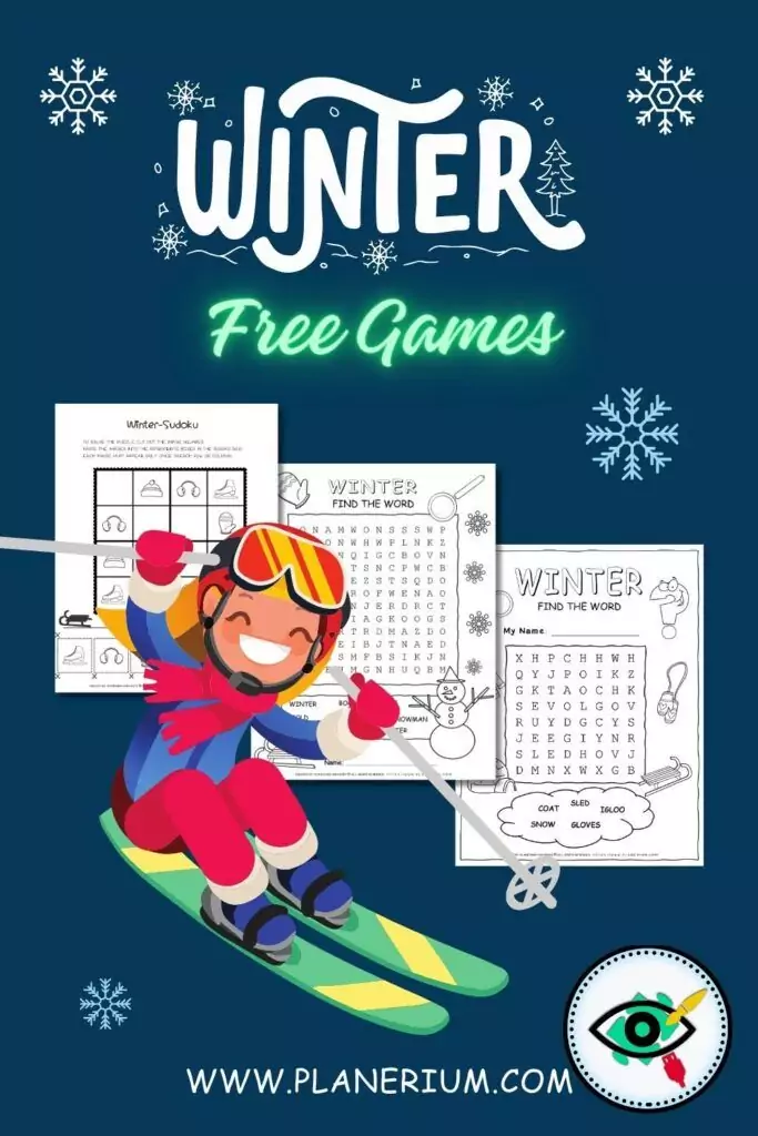 Winter free games printable for kids featuring fun winter themed worksheets including word search, sudoku, and matching games for elementary students