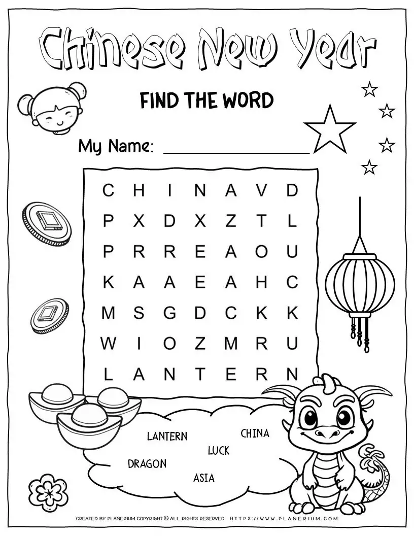 Chinese New Year Wordsearch With 5 Words