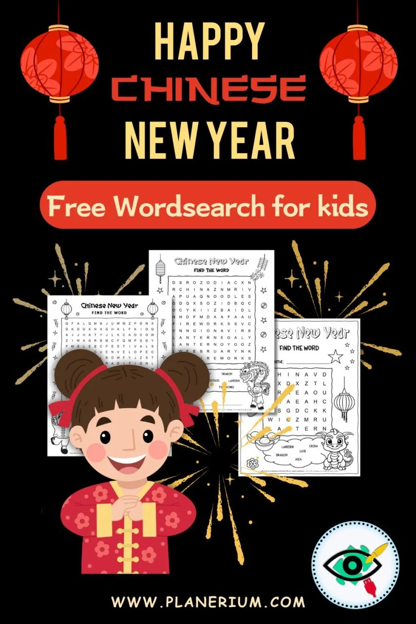 Graphic showing three Chinese New Year wordsearch worksheets for kids, with a child character and festive lanterns.