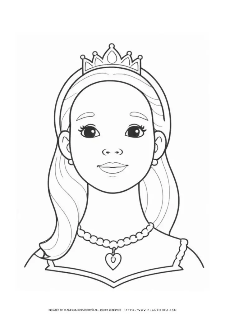 Coloring page of a cartoon princess with tiara.