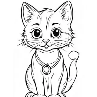 Line drawing of cute cartoon cat with collar.