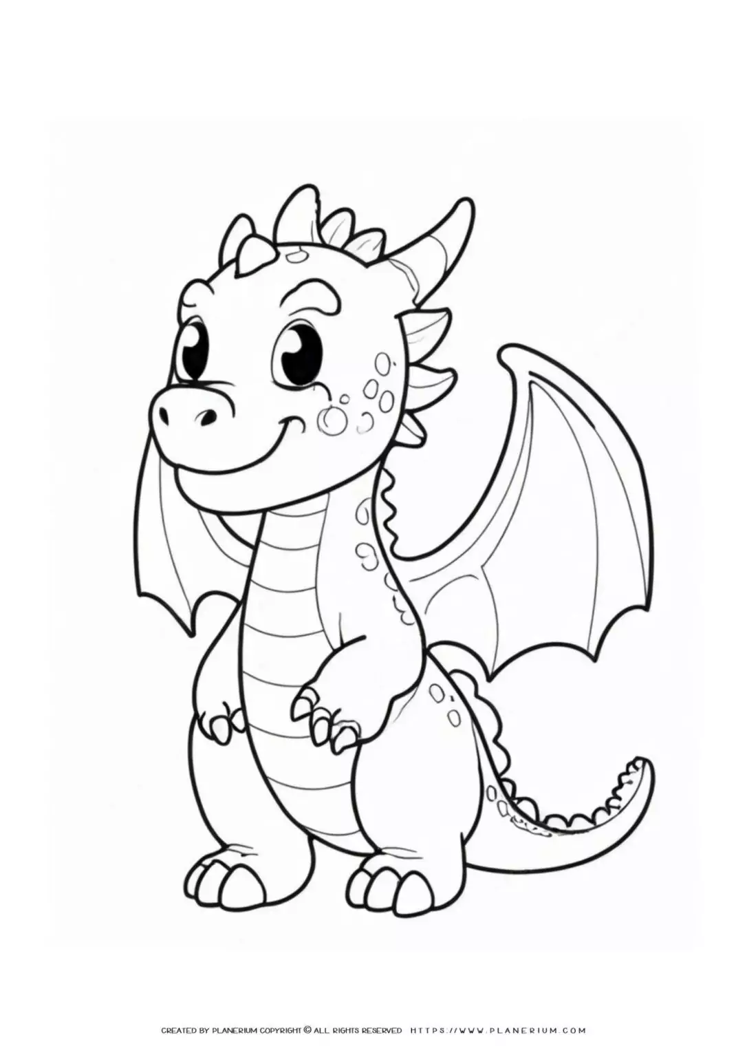 Cute cartoon dragon coloring page illustration.