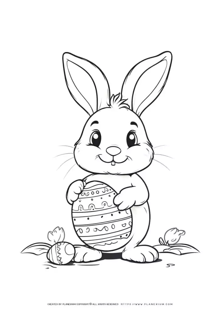 Cartoon bunny with decorated Easter egg.