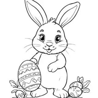Coloring page with cartoon Easter bunny and eggs.