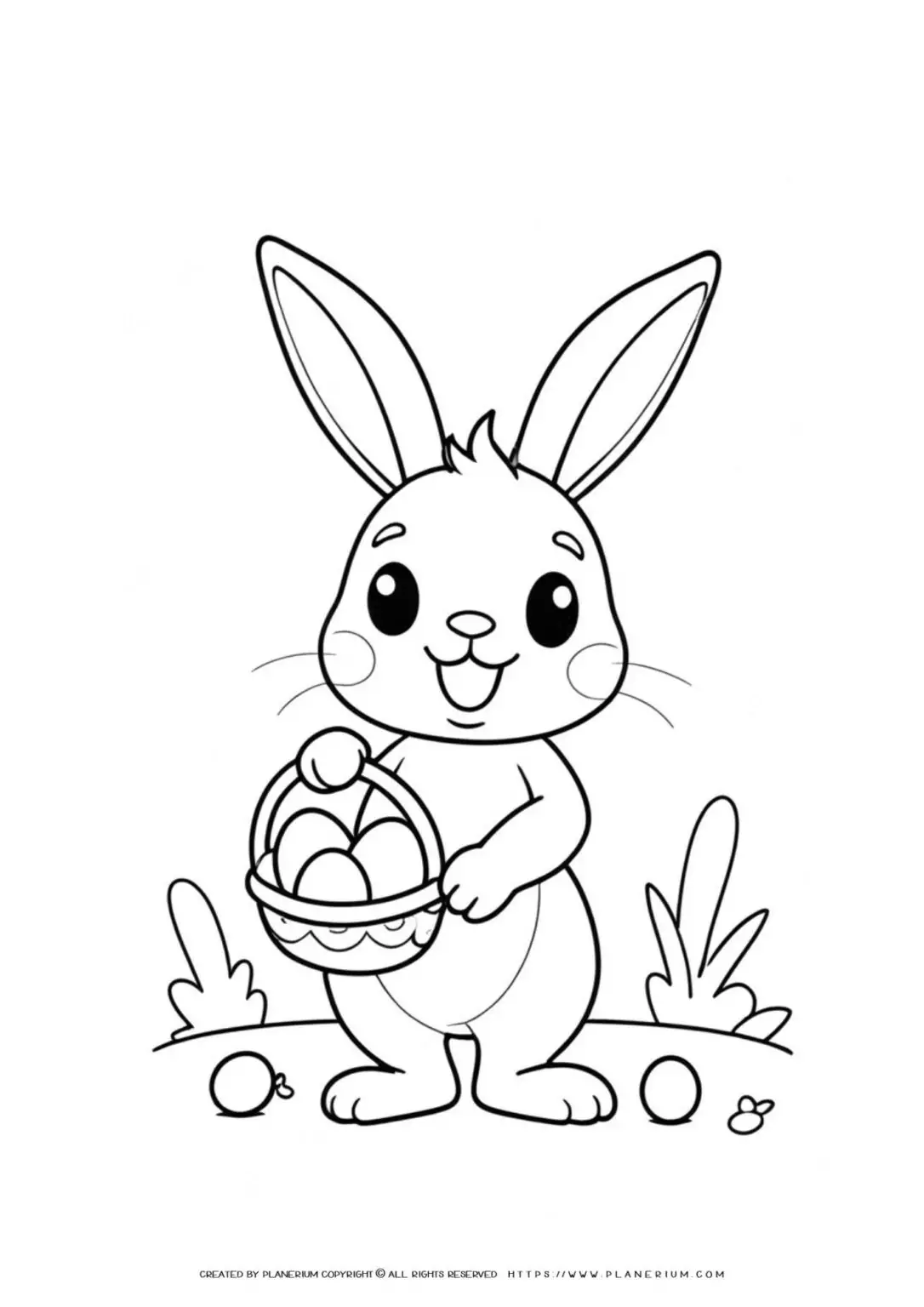 Cartoon bunny holding Easter eggs coloring page.