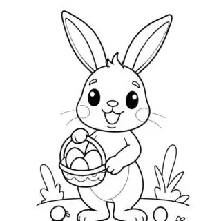 Cartoon bunny holding Easter eggs coloring page.