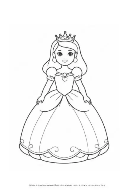 Royal Princess Coloring Page for Kids - Easy Printable Princess with Crown & Dress Design