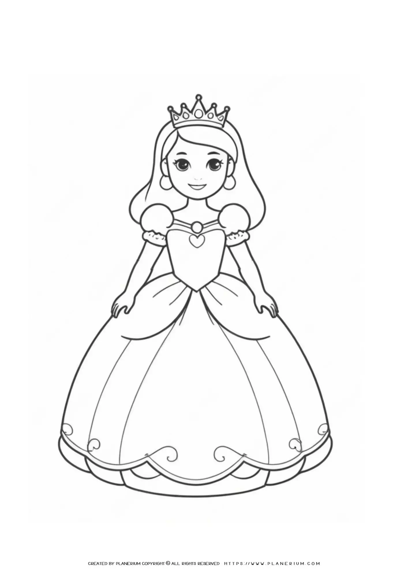 Royal Princess Coloring Page for Kids - Easy Printable Princess with Crown & Dress Design