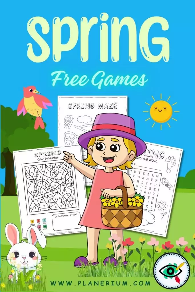 Spring free games for kids with printable mazes, word search and color by number activities, seasonal classroom games.