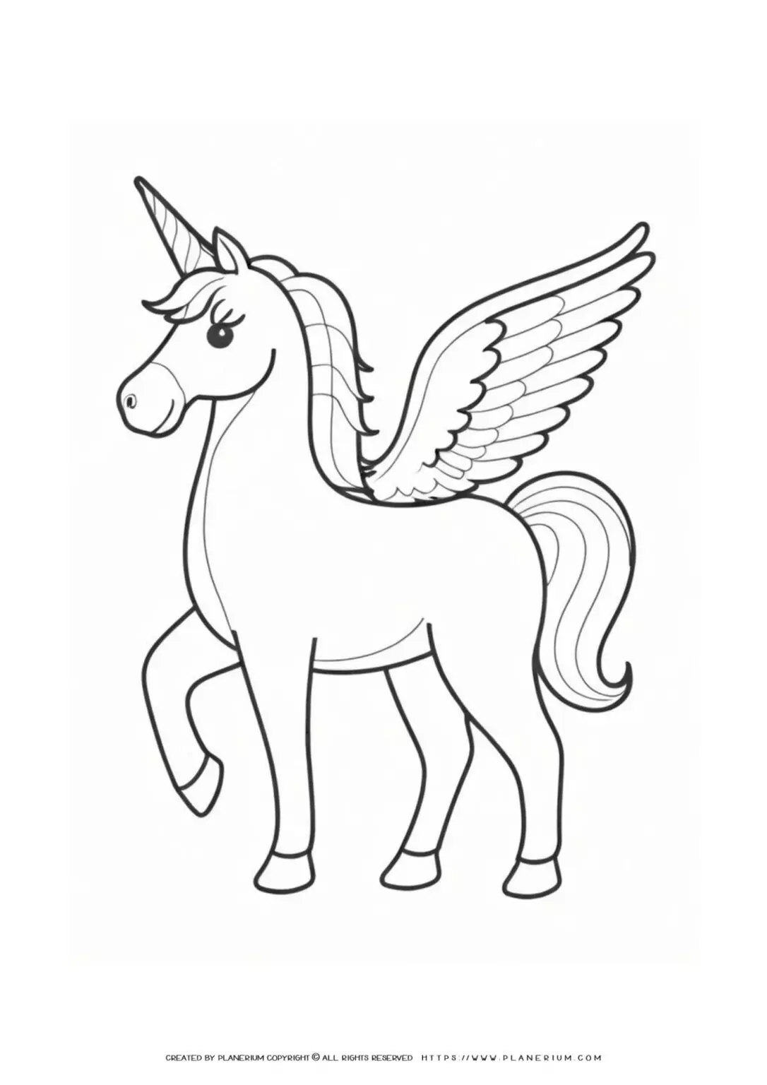 Unicorn with wings coloring page illustration.