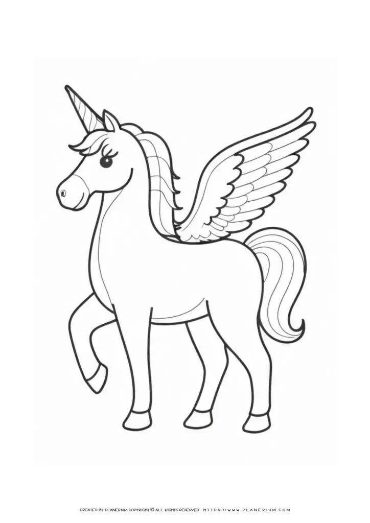 Unicorn with wings coloring page illustration.
