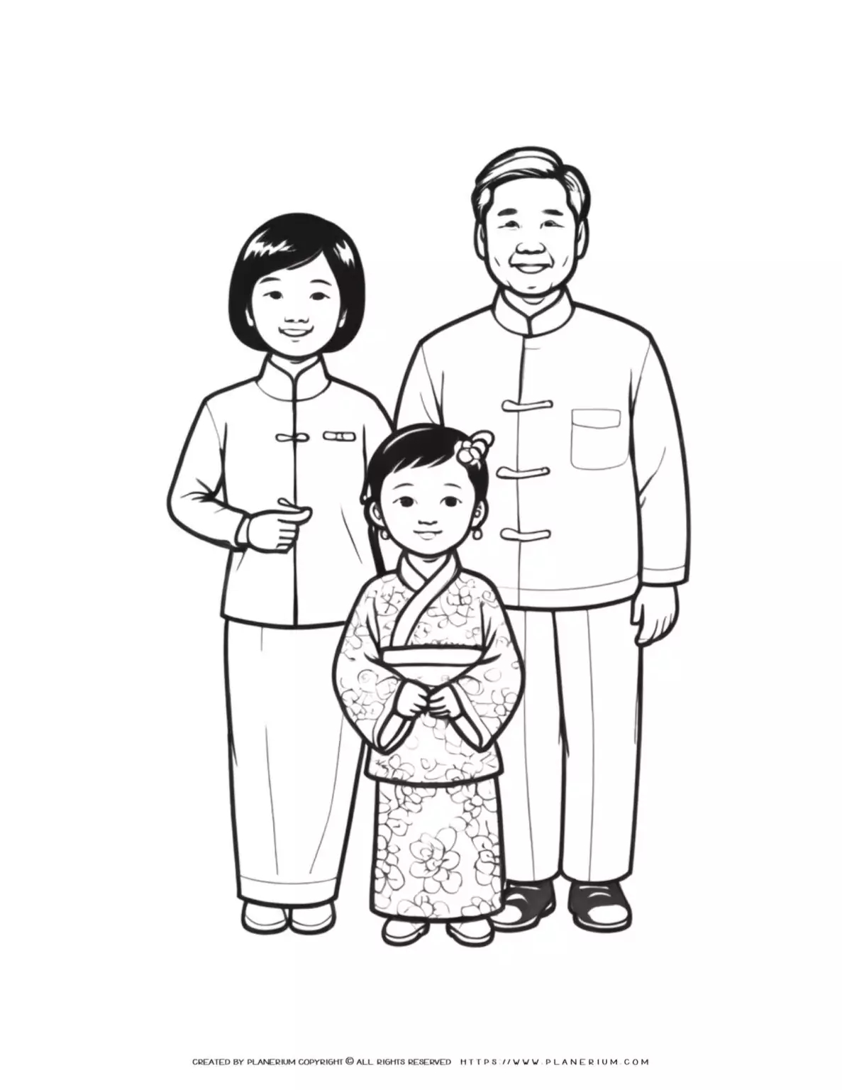 Asian-Family-with-Traditional-Clothing-Grandfather-Mother-and-Little-Girl