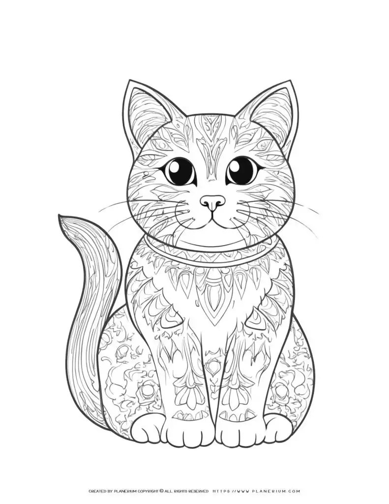 Decorated-Cat-Drawing-Coloring-Page-for-Adults