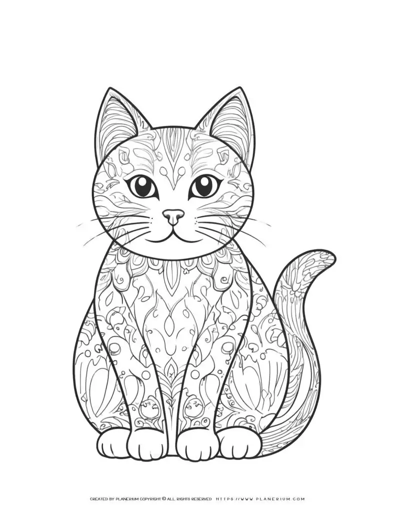 Decorated-Cat-Sitting-Coloring-Page-for-Adults