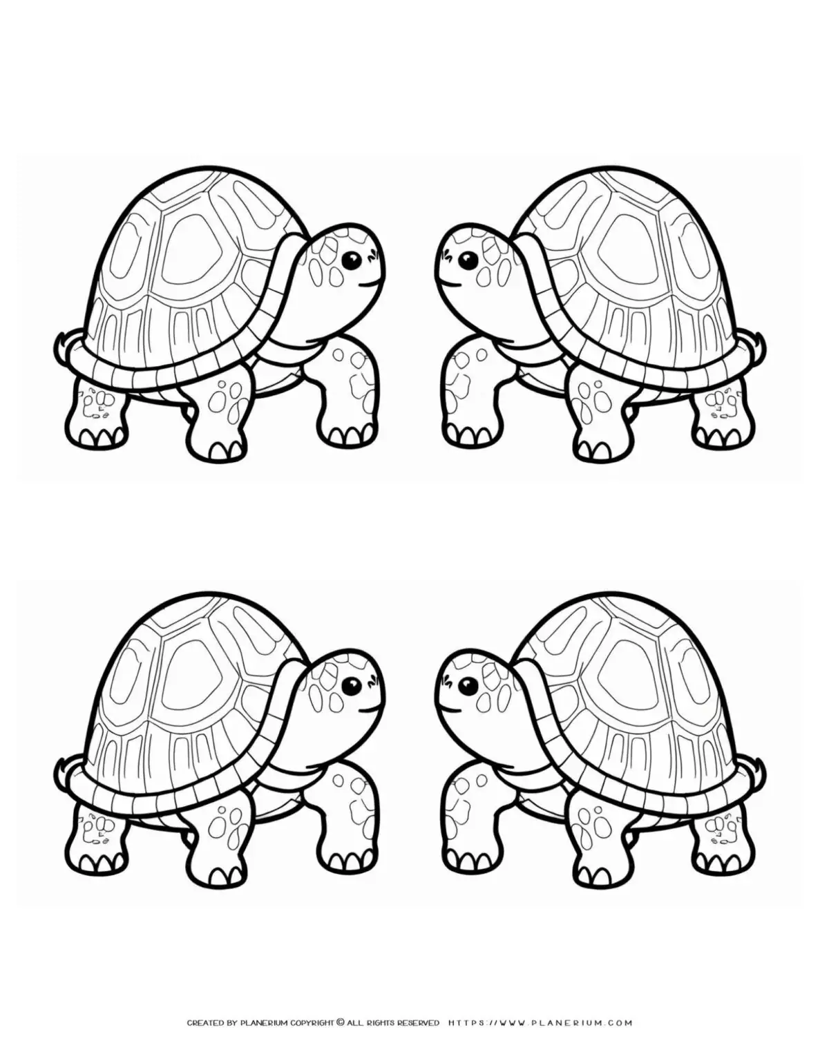 Four-Detailed-Turtles-Looking-at-Each-Other-Cartoon-Style-Coloring-Page-for-Kids