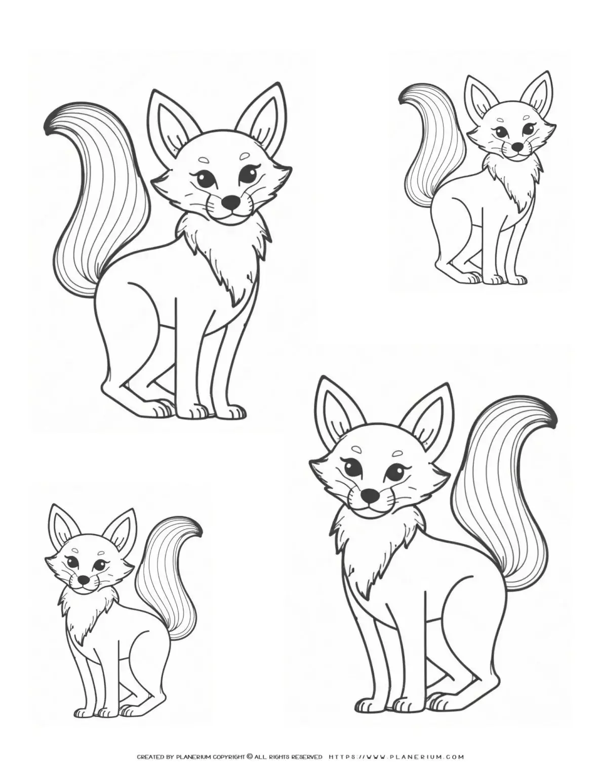 Four-Fox-Outlines-Different-Sizes-Coloring-Page