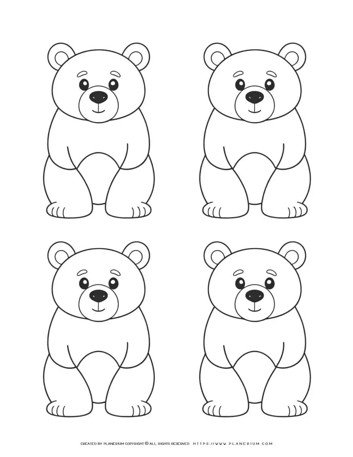 Four-Teddy-Bear-Outlines-Simple-Coloring-Page