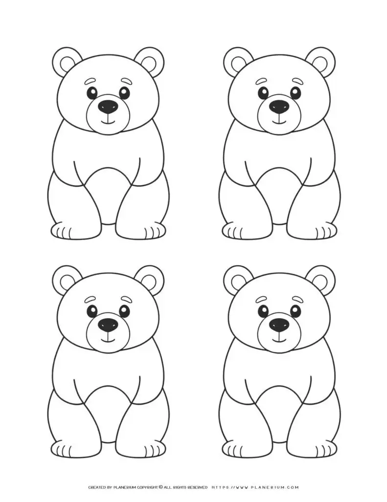 Four-Teddy-Bear-Outlines-Simple-Coloring-Page