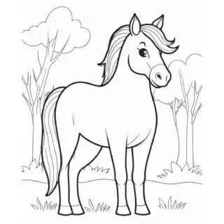 Horse-Standing-Trees-Grass-Coloring-Page