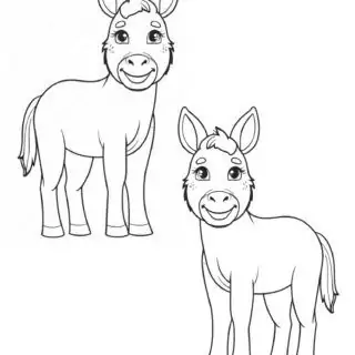 Two-Cute-Donkeys-Outlines-Standing-Simple-Coloring-Page-for-Kids