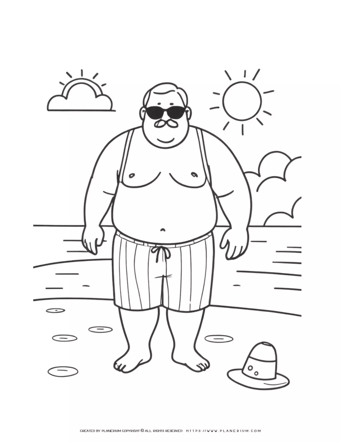 big-man-wearing-swimming-suit-standing-on-the-beach-coloring-page