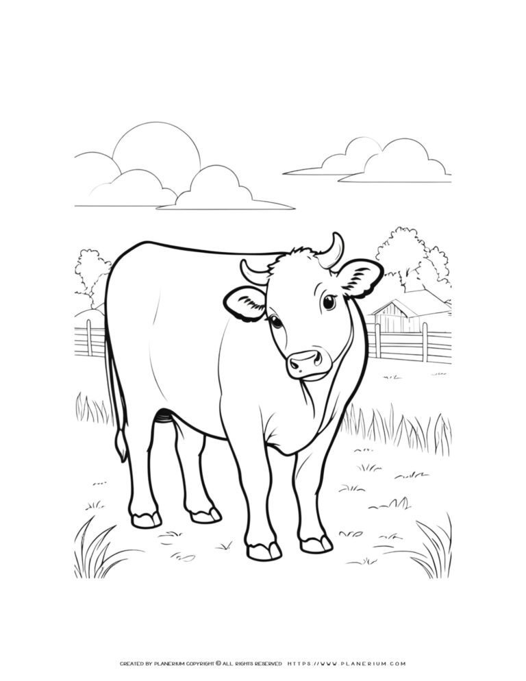 Coloring page for kids featuring a creative and engaging cow on the farm