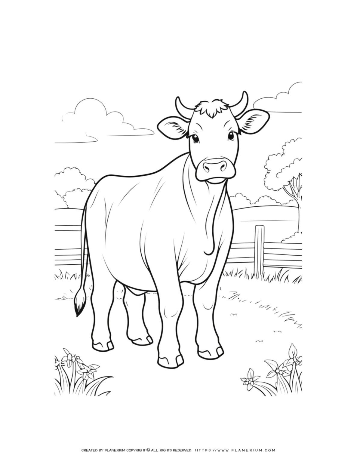 Detailed and beautiful coloring page of a cow standing, for relieving ...