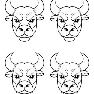 four-angry-bull-head-outlines-animal-coloring-page