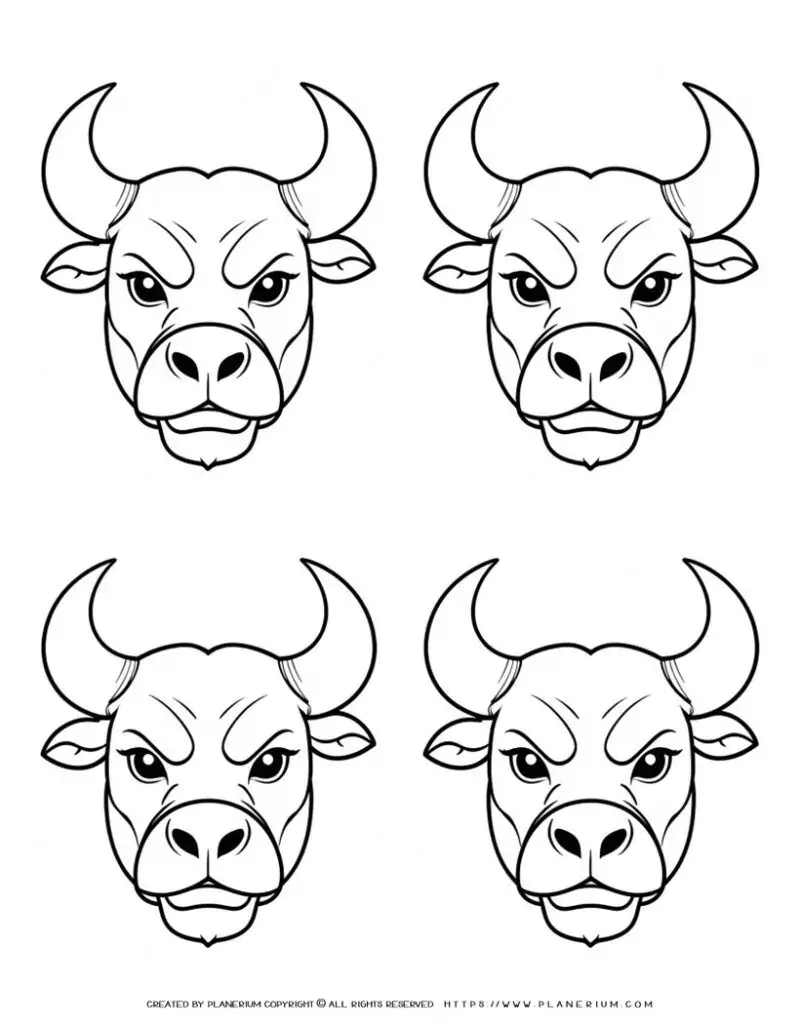 four-angry-bull-head-outlines-animal-coloring-page