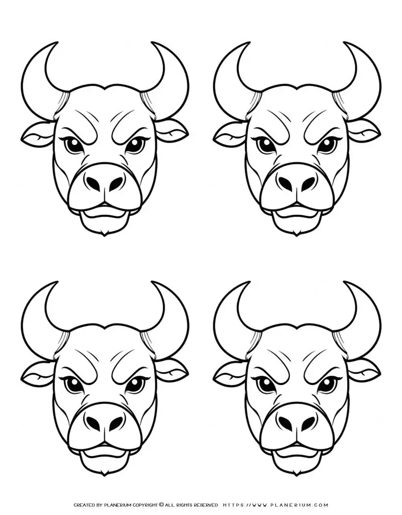 four-angry-bull-head-outlines-animal-coloring-page
