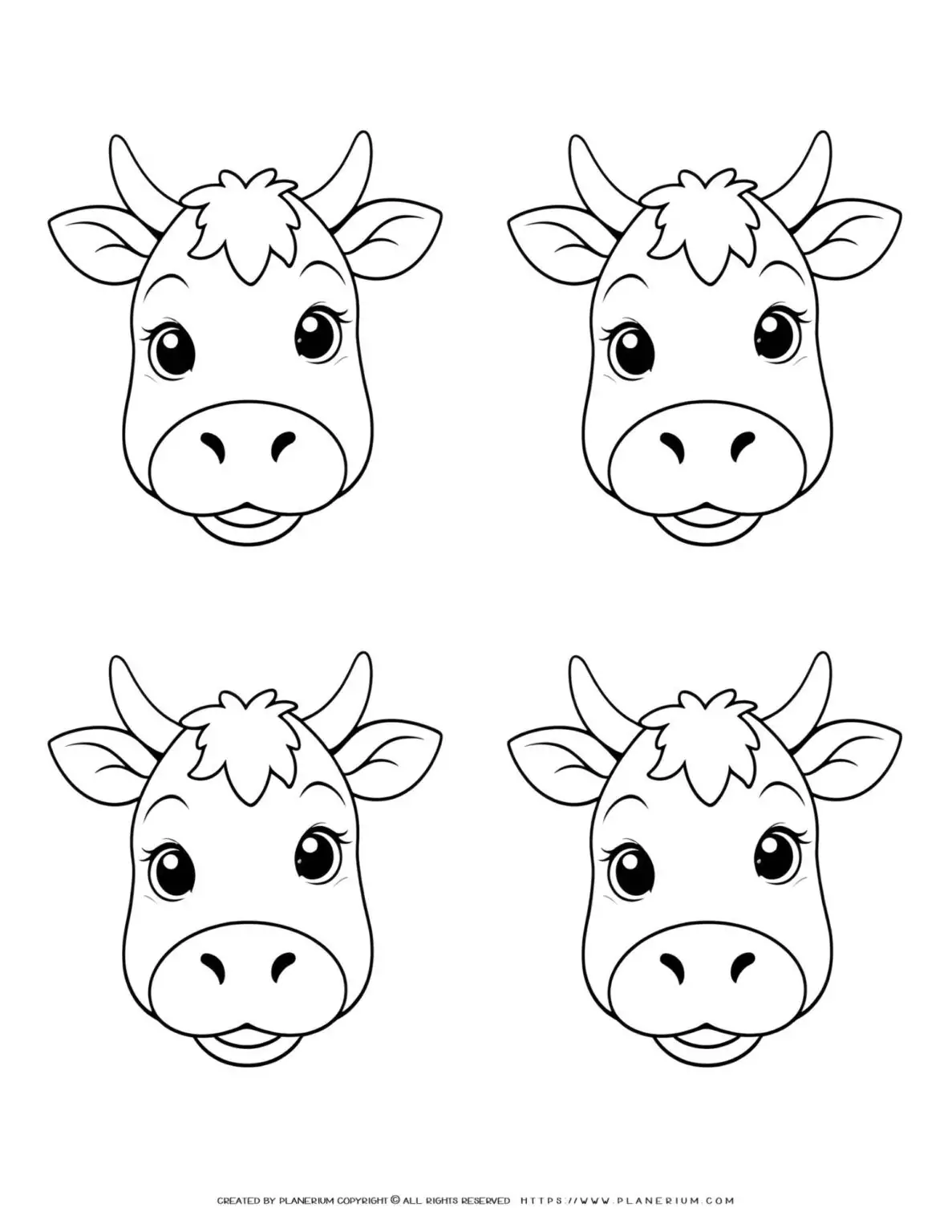 four-baby-cow-faces-outlines-coloring-page
