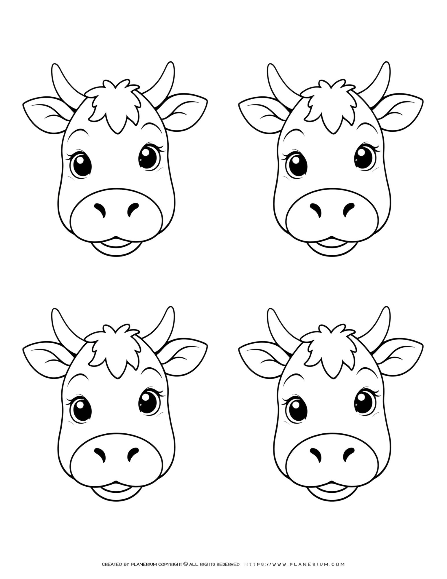 Template for coloring four baby cow faces outlines, perfect for ...