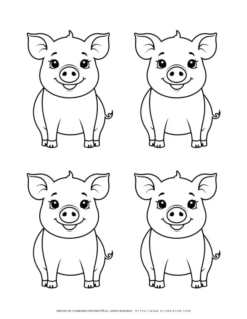 four-cute-happy-baby-pigs-front-view-outlines-farm-template