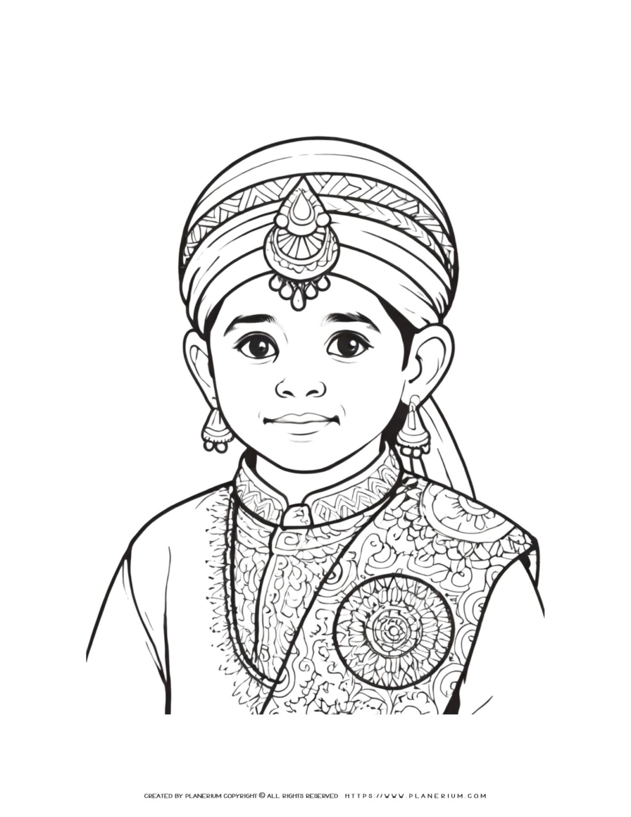 Indian-boy-portrait-illustration-with-traditional-clothes-detailed-coloring-page-for-adults
