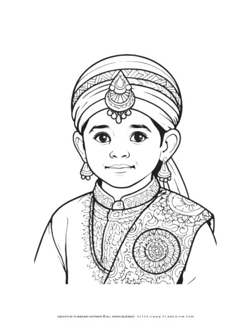 Colorful Indian Boy Portrait Coloring Page for Cultural Learning