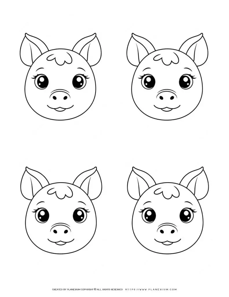 four-cute-pig-faces-outlines-template
