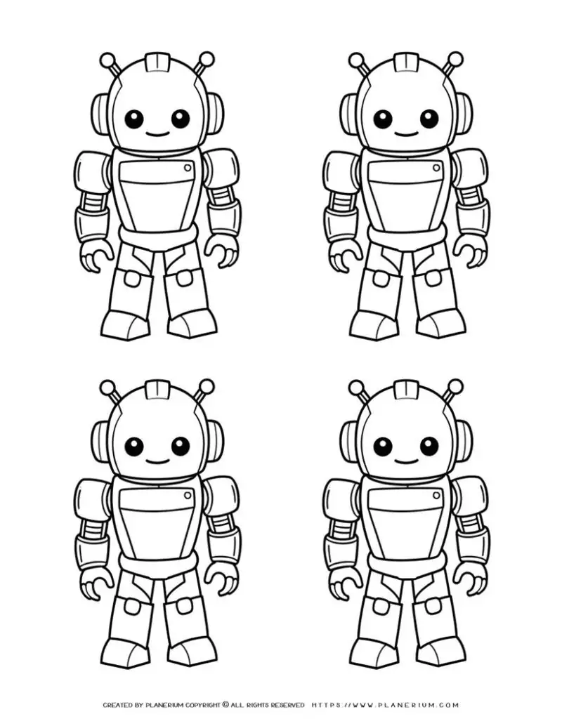 four-cute-robot-outlines-coloring-page