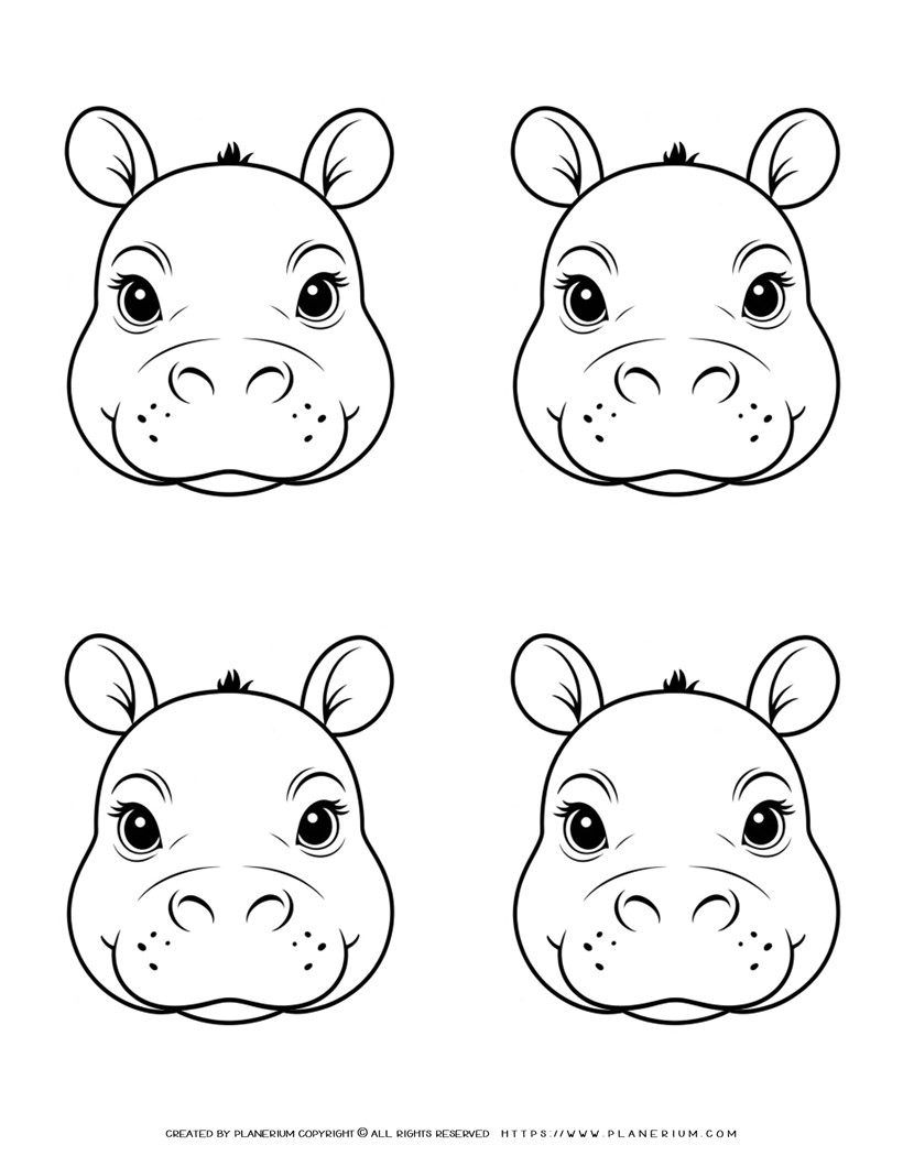 Four Hippo Face Outlines Illustration Free Printable