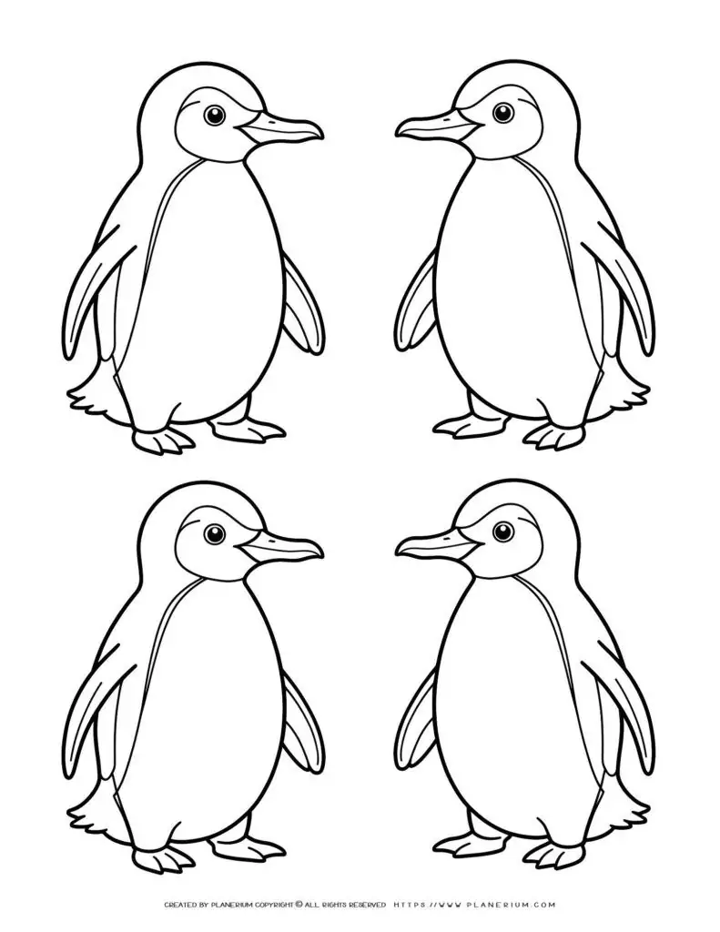 Four-cartoon-penguins-coloring-page
