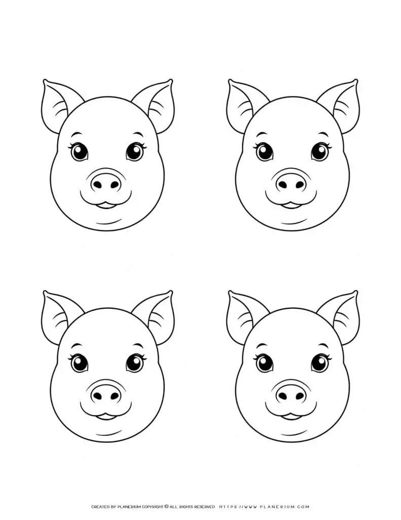 four-pig-faces-outline-templates