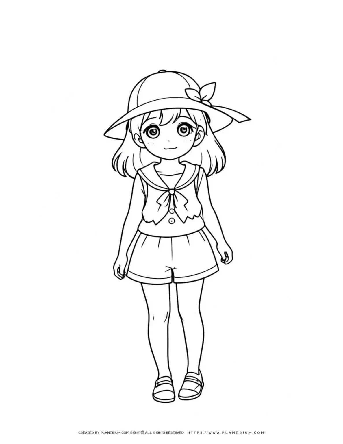 happy-girl-with-hat-standing-summer-cloths-coloring-page-for-kids