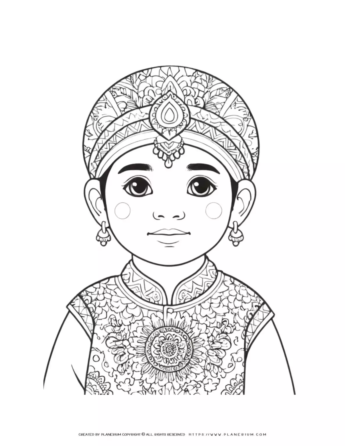 Indian-boy-portrait-illustration-with-traditional-clothes-detailed-coloring-page-for-adults