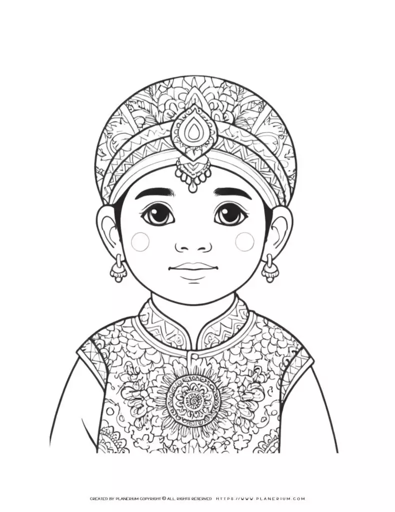 Indian-boy-portrait-illustration-with-traditional-clothes-detailed-coloring-page-for-adults