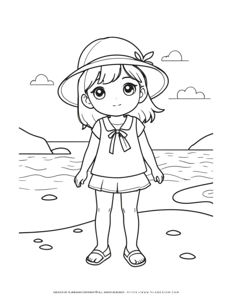Adorable Little Girl in Summer Clothes Beach Scene - Kid-Friendly Coloring Page