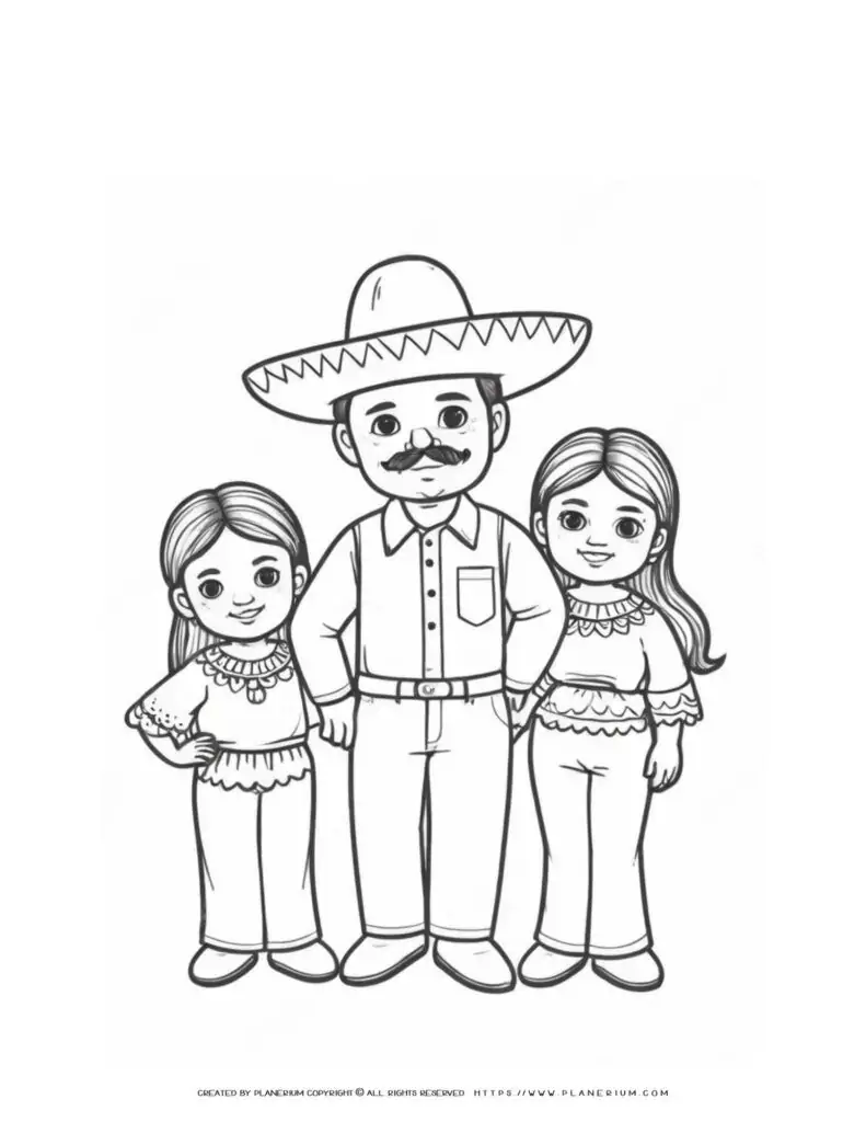 mexican-family-father-two-daughters-coloring-page-for-kids