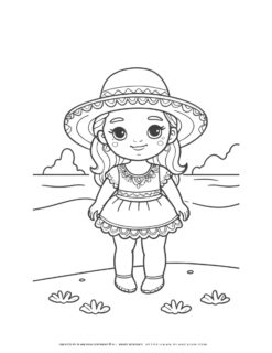 mexican-little-happy-girl-with-summer-dress-sombrero-hat-standing-on-the-beach-coloring-page-for-kids