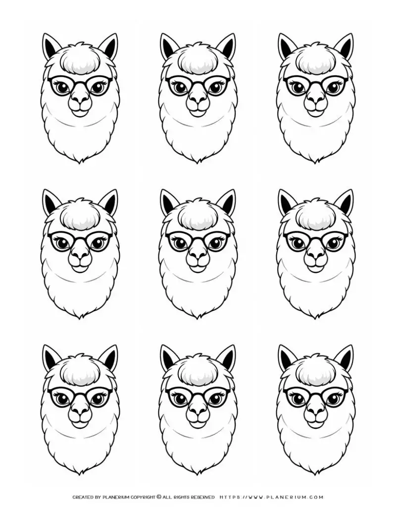 nine-alpaca-face-outlines-coloring-page