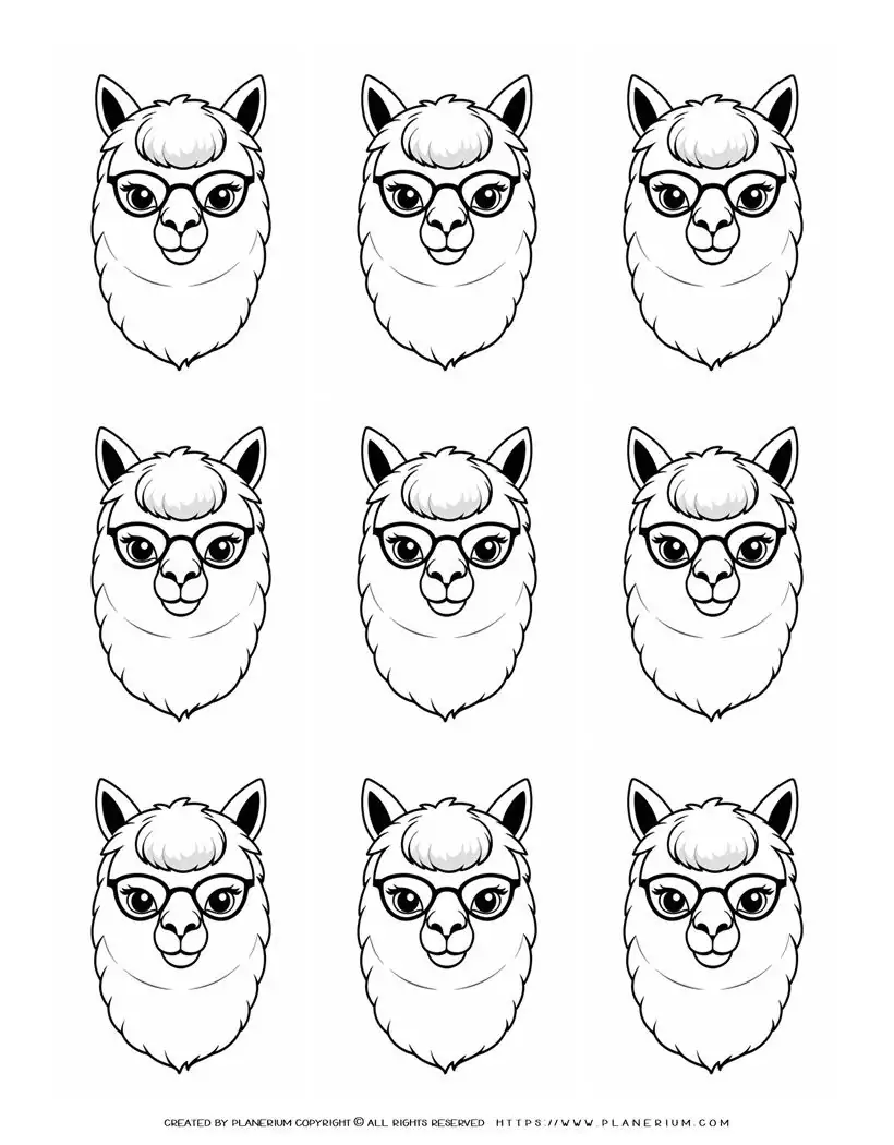 nine-alpaca-face-outlines-coloring-page