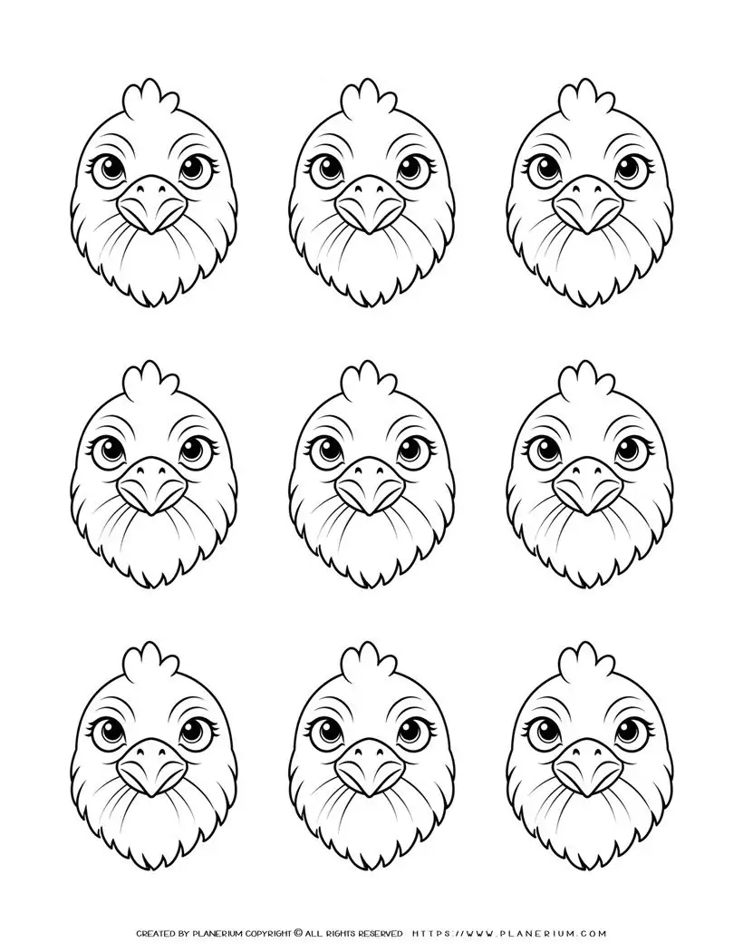 nine-chicken-face-outlines-coloring-page